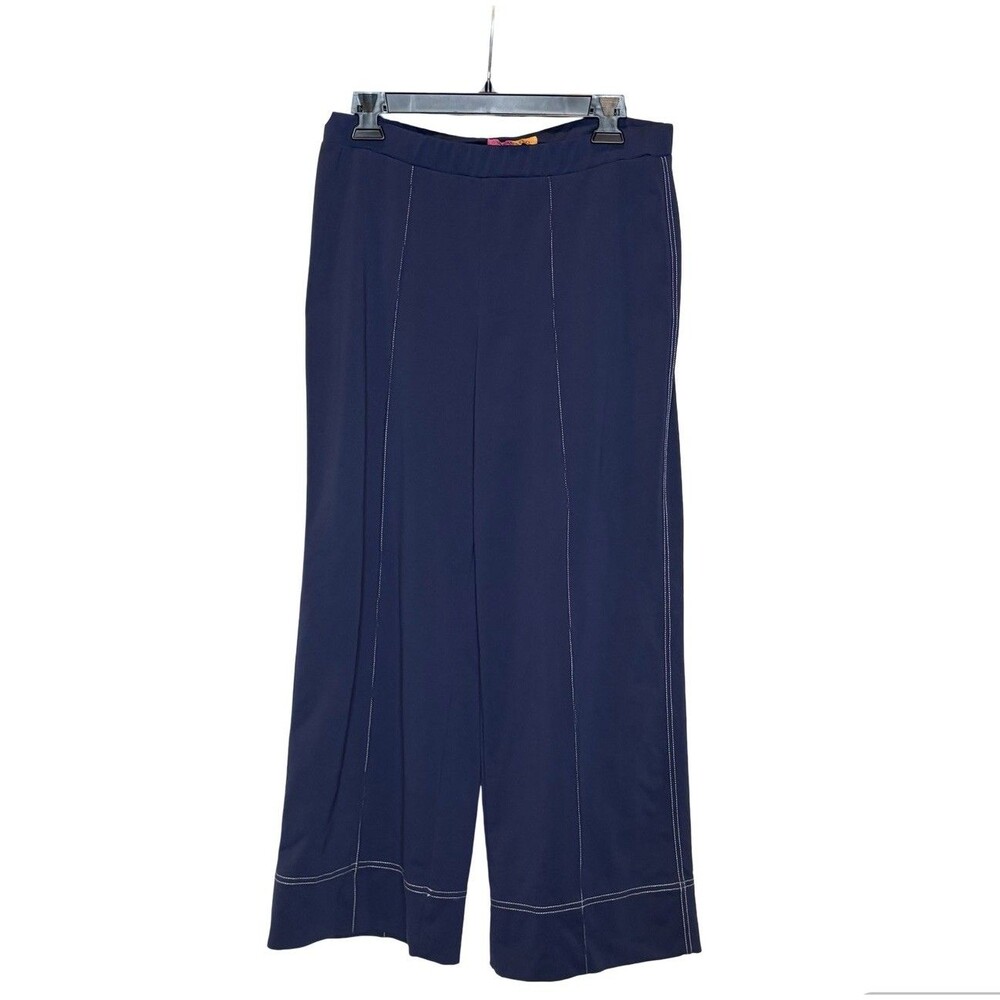 Vilagallo Bettina Wide Leg Crop Trousers Contrast Stitch Seamed Navy 44 = Sz 8